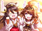  2girls ahoge animal_ears bare_shoulders black_hair brown_hair cat_ears closed_eyes detached_sleeves ekitaiidou hair_ornament hairband haruna_(kantai_collection) headgear heart heart-shaped_pupils japanese_clothes kantai_collection kongou_(kantai_collection) long_hair looking_at_viewer multiple_girls open_mouth personification symbol-shaped_pupils translation_request 