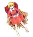  1girl aki_shizuha autumn_leaves barefoot blonde_hair chair dress from_above graphite_(medium) hands_in_lap leaf_hair_ornament looking_at_viewer marker_(medium) red_dress shirodama short_hair simple_background sitting smile solo touhou traditional_media white_background yellow_eyes 