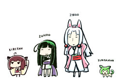  3girls :3 ^_^ ahoge animal_ears animalization black_eyes blunt_bangs brown_hair chibi closed_eyes closed_mouth commentary_request eno_(abekawa_hikozaemon_x) fox_ears fox_girl green_hair green_hairband hairband japanese_clothes jitome kimono kiritanpo_(food) lineup long_hair looking_at_viewer multiple_girls obi parted_lips sash short_hair siblings simple_background sisters smile standing touhoku_itako touhoku_kiritan touhoku_zunko utau voiceroid white_background white_hair white_kimono zundamon zundamon_(utau) 