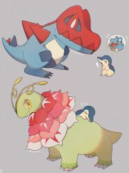  ! alligator antennae blue_claws blue_skin claws closed_eyes closed_mouth colored_skin crocodilian cyndaquil fangs feraligatr flower full_body green_skin highres hood hood_up long_neck mega_feraligatr mega_meganium mega_pokemon meganium mikakami1e no_humans open_mouth pokemon pokemon_(creature) pokemon_focus pokemon_legends:_z-a sauropod sharp_teeth simple_background skin_fangs sleeping smile speech_bubble spikes spines tail teeth thought_bubble totodile yellow_eyes 