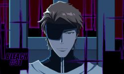  1boy aizen_sousuke anime_coloring black_bodysuit bleach bleach:_sennen_kessen-hen bodysuit brown_eyes brown_hair casting_spell chair closed_mouth commentary_request copyright_name episode_number eyepatch film_grain highres light_smile lips looking_at_viewer male_focus nose official_artist_extra official_style one_eye_covered red_background sha11021997 short_hair simple_background solo upper_body v-shaped_eyebrows 