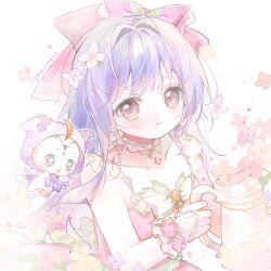  1girl ahoge animal argyle_clothes argyle_gloves back_ribbon baonu_de_zhanshen_caibutou bare_shoulders black_eyes blunt_bangs bow bowtie bracelet brooch brown_eyes cat chinese_commentary choker circlet cloak closed_mouth clothed_animal collarbone commentary_request courtyard_flowers_(infinity_nikki) cowboy_shot dot_nose dress dress_flower ear_covers fingerless_gloves flower flower_bracelet frilled_choker frilled_dress frilled_gloves frills gloves green_bow green_bowtie green_choker green_ribbon hair_bow hair_flower hair_intakes hair_ornament happy highres holding holding_watering_can hood hood_up hooded_cloak infinity_nikki jewelry large_bow leaf light_blush light_particles long_hair long_sidelocks loose_hair_strand making-of_available momo_(nikki) nikki_(series) official_alternate_costume pink_bow pink_dress pink_flower pleated_dress purple_bow purple_bowtie purple_cloak purple_hair ribbon sidelocks simple_background sleeveless sleeveless_dress smile standing striped_bow tareme very_long_hair watering_can white_background white_bow white_bowtie white_cat white_gloves 