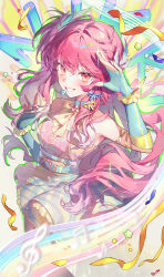  1girl absurdres arm_ribbon bare_shoulders belt belt_buckle blue_belt blue_choker blue_gloves blue_ribbon blue_skirt bow bowtie braid brooch brown_eyes buckle chinese_commentary choker circle_skirt commentary_request confetti dot_nose explosion eyelashes feather_hair_ornament feathers feet_out_of_frame fingerless_gloves floating_clothes floating_hair frilled_gloves frilled_skirt frills gloves grey_background grin hair_between_eyes hair_ornament hair_ribbon halter_shirt halterneck hand_on_own_head happy headset high_belt highres idol infinity_nikki jewelry light_blush long_hair looking_at_viewer midriff miniskirt musical_staff nikki_(nikki) nikki_(series) official_alternate_color one_side_up pink_hair pink_shirt plaid_clothes plaid_skirt pleated_skirt rainbow ribbon shanwenyufan shirt sidelocks single_braid skirt smile solo sparkle star_(symbol) starry_nocturne_(infinity_nikki) treble_clef very_long_hair watermark wavy_hair weibo_watermark yellow_bow yellow_bowtie yellow_ribbon 