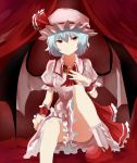  1girl brooch dress frills highres hizagawa_rau jewelry mary_janes mob_cap remilia_scarlet shoes short_hair sitting solo touhou vampire wings 