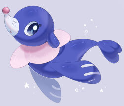  alternate_color animal_focus artist_name blue_eyes commentary_request iwasi_29 no_humans open_mouth pokemon pokemon_(creature) popplio purple_background sea_lion shiny_pokemon snout tail twitter_username 