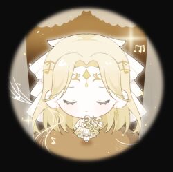  1girl baonu_de_zhanshen_caibutou bare_shoulders black_border blonde_hair border chibi chinese_commentary circlet closed_eyes closed_mouth commentary_request dress earrings eyelashes frilled_dress frilled_wrist_cuffs frills gold_circlet golden_buds_(infinity_nikki) happy highres holding holding_instrument holding_lyre indoors infinity_nikki instrument jewelry layered_dress light_blush light_particles long_hair lyre medium_dress music musical_note musical_note_earrings musical_staff nikki_(series) outline parted_bangs playing_instrument pleated_dress round_border shoes sleeveless sleeveless_dress smile solo sparkle stage standing straight-on tailcoat veil very_long_hair wavy_hair white_dress white_outline white_shoes white_veil white_wrist_cuffs wrist_cuffs yellow_dress 