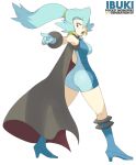  aqua_hair blue_eyes cape earrings gloves hair_over_one_eye high_heels ibuki_(pokemon) jewelry pointing pokemon ponytail souji 