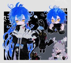  !? 1boy 1girl :t ahoge anger_vein animal arms_up bandaid bandaid_on_face bandaid_on_nose barcode black_cat black_coat blue_eyes blue_hair cat cat_teaser claws closed_mouth coat collared_coat commentary cropped_torso crossed_bangs dead_animal dot_nose double-parted_bangs dress fish flins_(genshin_impact) flower gem genshin_impact gloves gradient_hair heart highres holding holding_animal holding_cat holding_toy horns lauma_(genshin_impact) li04r long_hair long_sleeves looking_at_animal multicolored_hair multiple_views one_eye_covered open_mouth scratches toy very_long_hair white_cat white_flower yellow_eyes 