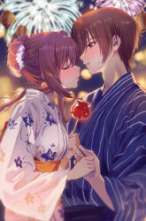  1boy 1girl a-chan_(little_busters!) aerial_fireworks alternate_costume alternate_hairstyle blue_kimono blush brown_eyes brown_hair candy_apple clenched_hand closed_eyes commentary_request couple eyelashes facing_another festival fireworks floral_print floral_print_kimono flower food from_side hair_between_eyes hair_bun hair_flower hair_ornament hetero highres holding holding_candy_apple holding_food imminent_kiss japanese_clothes kimono lantern lips little_busters! long_hair long_sleeves looking_at_another miiizuno_lbs natsume_kyousuke night open_mouth outdoors paper_lantern parted_lips print_kimono profile short_hair sidelocks single_hair_bun striped_clothes striped_kimono sweat tsurime upper_body vertical-striped_clothes vertical-striped_kimono white_flower white_kimono wide_sleeves yukata 