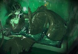  1boy bathroom bathtub cellphone cigarette claws commentary_request fins full_body green_theme head_fins holding holding_cigarette holding_phone in_bathtub indoors kaibatu2mm male_focus merman monster_boy original phone scar scars_all_over short_hair sitting smartphone solo tile_wall tiles water webbed_hands 
