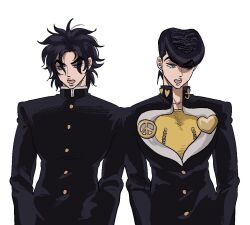  1boy alternate_hairstyle anchor_ornament black_hair black_jacket blue_eyes buttons diamond_wa_kudakenai earrings gakuran heart heart_ornament higashikata_josuke jacket jewelry jojo_jigyeong jojo_no_kimyou_na_bouken long_sleeves looking_to_the_side male_focus messy_hair multiple_views open_mouth peace_symbol pompadour school_uniform short_hair simple_background stud_earrings upper_body white_background 