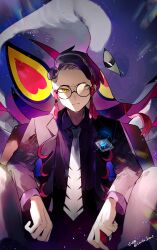  1boy absurdres arbok black_hair black_jacket closed_mouth collared_shirt commentary_request corbeau_(pokemon) glasses highres holding holding_poke_ball jacket kouta_(pixiv14981568) long_sleeves looking_at_viewer male_focus necktie open_clothes open_jacket pants poke_ball poke_ball_(basic) pokemon pokemon_(creature) pokemon_legends:_z-a round_eyewear shirt short_hair twitter_username white_necktie yellow_eyes 