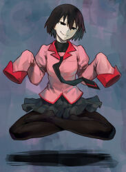  1girl b_suke black_eyes black_hair black_necktie black_pantyhose breasts commentary_request floating full_body indian_style jacket levitation medium_breasts miniskirt monogatari_(series) naoetsu_high_school_uniform necktie no_shoes oshino_ougi owarimonogatari pale_skin pantyhose pink_jacket pleated_skirt school_uniform sitting skirt sleeves_past_wrists smile solo very_long_sleeves 