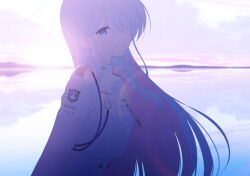  1girl aiguillette artist_request blue_archive blue_eyes blue_hair braid closed_mouth clouds colored_inner_hair cropped_jacket diffraction_spikes dress epaulettes floating_hair from_side game_cg general_student_council_president_(blue_archive) hair_over_one_eye halo highres horizon jacket landscape leaning_forward lens_flare long_hair long_sleeves looking_at_viewer medal military_uniform multicolored_hair non-web_source ocean official_art pink_hair purple_sky reflection reflective_water single_braid sitting sky smile solo spoilers standing suit two-tone_hair very_long_hair white_dress white_jacket white_suit 