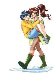  2girls bishoujo_senshi_sailor_moon blue_hair blue_skirt boots brown_hair carrying carrying_person earrings green_boots jewelry kino_makoto long_hair long_sleeves mizuno_ami multiple_girls princess_carry short_hair skirt smile vassekocho 
