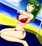  1girl bad_anatomy beach bikini frog green_hair hair_ornament hanaimo kochiya_sanae long_hair ponytail red_eyes solo swimsuit touhou 