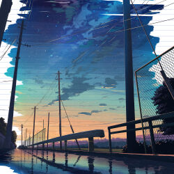  chain-link_fence clouds colorful commentary_request fence gradient_sky guard_rail highres isobe_toast lined_paper no_humans original outdoors power_lines reflection road scenery shooting_star sky sky_focus star_(symbol) street utility_pole 
