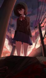  1girl another black_hair black_jacket blood blue_skirt buttons closed_mouth clouds collared_shirt commentary_request corpse expressionless eyepatch head_tilt highres jacket long_sleeves looking_at_viewer medical_eyepatch misaki_mei neck_ribbon noko_robunbun outdoors pleated_skirt red_eyes red_ribbon ribbon school_uniform shirt short_hair skirt solo white_shirt yomiyama_north_junior_high_school_uniform 