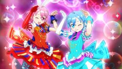  1boy 1girl 3d :d animal_ear_hairband animal_ears arms_up black_leotard blue_dress blue_eyes blue_hair blush braid brother_and_sister crossdressing crossdressing_(mtf) dorothy_west dress fake_animal_ears frilled_dress frilled_shirt frills grin hairband highleg highleg_leotard leotard looking_at_viewer mole mole_under_eye official_art one_eye_closed open_mouth otudane pantyhose pink_eyes pink_hair playboy_bunny pretty_series pripara puffy_short_sleeves puffy_sleeves rabbit_ear_hairband rabbit_ears rabbit_pose red_dress reona_west shirt short_hair short_sleeves siblings side_braid skirt smile sparkle sparkling_aura trap twins 