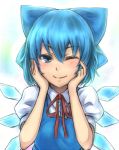  1girl ;) blue_eyes blue_hair blush bow bust cirno dress hair_bow hands_on_own_face inaba-no-kuni-tottori ribbon short_hair smile solo touhou wink 