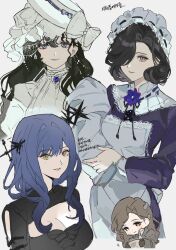  4girls apron arcana_(reverse:1999) black_dress black_hair black_ribbon blanket blue_hair bow breasts brown_eyes brown_hair chibi chibi_inset chibiya1010 cleavage_cutout closed_mouth clothing_cutout coat dress flower grey_coat grin hair_over_one_eye hat hat_bow highres holding holding_blanket holding_jar isolde_(reverse:1999) jar korean_text large_breasts long_hair looking_at_viewer looking_down maid maid_headdress multiple_girls neck_flower neck_ribbon one_eye_covered purple_dress purple_flower reverse:1999 ribbon short_hair smile swaddled tooth_fairy_(reverse:1999) translation_request tuesday_(reverse:1999) upper_body violet_eyes wand_in_head white_apron white_background white_bow white_dress white_hat yellow_eyes 