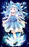 1girl alternate_hairstyle blue_dress blue_eyes blue_hair bow cirno dress hair_bow ice ice_wings jaku_sono puffy_sleeves shirt short_sleeves smile solo standing_on_one_leg touhou wavy_hair wings 