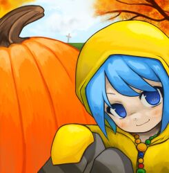  1girl autumn autumn_leaves bead_necklace beads blue_eyes blue_hair blue_sky blush close-up clouds cloudy_sky cross grey_thighhighs hand_on_own_knee highres hood hood_up horizon jewelry jubilee_2025 knees_up leaf light_smile looking_at_viewer luce_(jubilee_2025) necklace on_ground orange_leaf prayer_beads pumpkin rosary short_hair sitting sky sleeves_past_fingers sleeves_past_wrists smile solo striped_clothes striped_thighhighs swept_bangs symbol-shaped_pupils thigh-highs tree very_long_sleeves zoolpal 