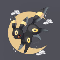  animal_focus artist_name black_fur clouds commentary_request crescent_moon facial_mark forehead_mark grey_background highres iwasi_29 moon no_humans pokemon pokemon_(creature) sparkle tail twitter_username umbreon yellow_eyes 