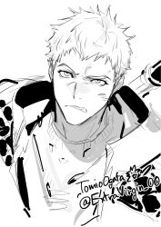  1boy artist_name clenched_teeth devil_may_cry_(series) devil_may_cry_5 frown furrowed_brow greyscale highres jacket looking_at_viewer male_focus monochrome nero_(devil_may_cry) ogata_tomio open_clothes open_jacket shirt short_hair signature simple_background sketch solo sword sword_on_back teeth twitter_username upper_body very_short_hair weapon weapon_on_back 