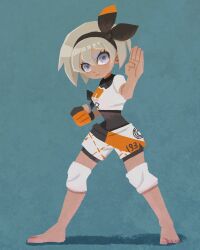  1girl :&lt; barefoot bea_(pokemon) black_bodysuit black_hairband blonde_hair bodysuit bodysuit_under_clothes bow_hairband clenched_hand closed_mouth commentary_request eyelashes fighting_stance full_body gloves grey_eyes hair_between_eyes hairband highres knee_pads legs_apart miclot partially_fingerless_gloves pokemon pokemon_swsh print_shirt shirt short_hair short_sleeves shorts single_glove solo standing white_shirt 