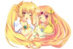  2girls aloemonaka blonde_hair brooch capelet choker circlet cure_muse_(yellow) cure_sunshine dress frills hair_ribbon heart heartcatch_precure! jewelry long_hair magical_girl midriff multiple_girls myoudouin_itsuki open_mouth orange_hair precure ribbon shirabe_ako smile suite_precure twintails yellow_dress yellow_eyes 