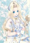  1girl artist_request blonde_hair blue_background blue_eyes feathers gloves hat long_hair mint_adenade nurse_cap scan smile solo tales_of_(series) tales_of_phantasia wand 