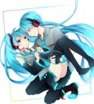  1boy 1girl aqua_eyes aqua_hair boots carrying detached_sleeves eye_contact fingerless_gloves gloves hatsune_miku hatsune_mikuo headset highres long_hair looking_at_another nail_polish necktie princess_carry skirt thigh-highs thigh_boots twintails very_long_hair vocaloid zaki127 