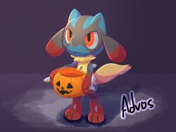  :3 absurdres advos artist_name bucket closed_mouth commentary_request cosplay full_body halloween_bucket halloween_costume highres holding holding_bucket lucario mega_lucario mega_lucario_(cosplay) pokemon pokemon_(creature) pokemon_focus red_eyes riolu smile solo standing 