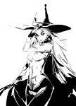  1girl blazblue blazblue_phase_0 breasts dan_kim hat konoe_a_mercury long_hair monochrome pants solo witch_hat 