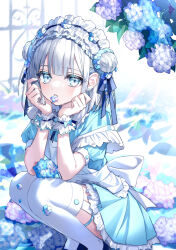  1girl apron aqua_dress aqua_eyes back_bow black_shoes blue_flower blue_ribbon bow commentary_request dress ear_piercing earrings flower flower_on_mouth frilled_apron frilled_cuffs frilled_skirt frills grey_hair hair_bun hair_ribbon hands_on_own_face highres hydrangea jewelry kazunehaka looking_at_another maid maid_headdress original piercing pink_flower ribbon shoes short_hair short_sleeves side_up_bun skirt solo squatting thigh-highs thigh_strap white_apron white_bow white_flower white_headdress white_straps white_thighhighs white_wrist_cuffs wrist_cuffs 
