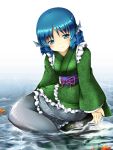  1girl animal_ears blue_eyes blue_hair head_fins japanese_clothes leaf long_sleeves mermaid monster_girl obi open_mouth rock short_hair sitting smile solo touhou wakasagihime water wide_sleeves 