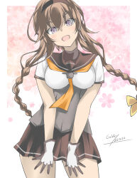  1girl black_headband black_sailor_collar braid breasts brown_hair cherry_print clothes_writing corset cowboy_shot dated food_print fruit_print gakky gloves grey_eyes hachimaki hair_flaps hair_ornament hairband headband highres kantai_collection long_hair looking_at_viewer multicolored_gloves neckerchief one-hour_drawing_challenge open_mouth orange_neckerchief propeller_hair_ornament sailor_collar school_uniform serafuku skirt smile solo teruzuki_(kancolle) twin_braids 