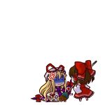  2girls anger_vein angry blonde_hair broom brown_hair chibi detached_sleeves gap hair_ribbon hair_tubes hakurei_reimu hat leaf motion_lines multiple_girls ribbon shaded_eyes socha sweeping touhou yakumo_yukari 