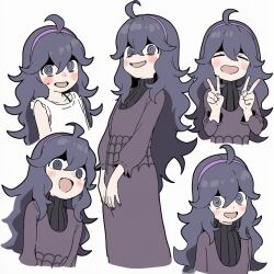  1girl :d @_@ ahoge blush chibi dress drooling hairband hex_maniac_(pokemon) hiru_shira_yume long_hair looking_at_viewer multiple_expressions open_mouth pokemon purple_hairband simple_background smile sweater violet_eyes white_background 