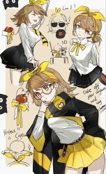  1girl :3 ^_^ apple apple_(reverse:1999) black_robe black_skirt border bow bow_hairband bowtie brown_hair closed_eyes closed_mouth collared_shirt cowboy_shot dot_mouth english_text food fruit glasses hair_bun hairband hand_up harry_potter_(series) highres hogwarts_school_uniform hufflepuff leaning_forward miniskirt multiple_views necktie open_mouth orange_eyes outside_border regulus_(reverse:1999) reverse:1999 robe round_eyewear scarf school_uniform seventeen_meimi shirt short_hair single_side_bun skirt striped_clothes striped_scarf upper_body vinyl_record white_border white_shirt wizarding_world yellow_background yellow_bow yellow_bowtie yellow_necktie yellow_scarf yellow_skirt 