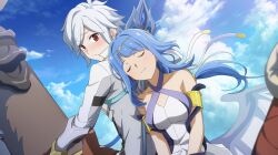  1boy 1girl anime_coloring armlet artemis_(danmachi) bare_shoulders bell_cranel blue_dress blue_hair blue_sky blunt_bangs blush breasts circlet closed_eyes closed_mouth clouds cloudy_sky criss-cross_halter danmachi_battle_chronicle dress dungeon_ni_deai_wo_motomeru_no_wa_machigatteiru_darou_ka embarrassed game_cg gold_armlet gold_circlet halterneck highres jacket jewelry leaning_on_person long_hair looking_back low-tied_long_hair medium_breasts multicolored_dress non-web_source official_alternate_costume official_art polearm red_eyes riding_dragon short_hair sidelocks sky sleeveless sleeveless_dress smile two-tone_dress weapon white_dress white_hair white_jacket 
