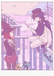  1boy 1girl balcony black_cape black_hat black_jacket brown_vest buttons cape checkered_clothes checkered_scarf cherry_blossoms collared_shirt commentary_request danganronpa_(series) danganronpa_v3:_killing_harmony falling_petals flipped_hair from_side hair_between_eyes hat hat_belt hetero highres jacket long_sleeves oma_kokichi open_mouth pale_color pants pantyhose peaked_cap petals pink_theme pinky_out pleated_skirt profile purple_hair purple_theme red_eyes red_hair red_skirt scarf school_uniform shirt short_hair skirt smile squatting string string_of_fate two-tone_scarf vest violet_eyes witch_hat xiao_(grsnss25) yumeno_himiko 