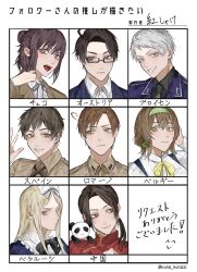  3girls 6+boys ahoge artist_name ascot austria_(hetalia) axis_powers_hetalia belarus_(hetalia) belgium_(hetalia) benishake8 black-framed_eyewear black_bow black_bowtie black_hair black_necktie black_ribbon black_shirt blonde_hair blue_dress blue_eyes blue_jacket blush border bow bowtie braid bright_pupils brown_eyes brown_hair brown_jacket brown_shirt changpao character_name china_(hetalia) chinese_clothes closed_mouth collared_dress commentary_request czech_republic_(hetalia) dress flower frills glasses green_eyes green_hairband grey_hair hair_bow hair_bun hairband hand_on_own_head hand_up highres jacket lapels long_hair looking_at_another looking_at_viewer looking_to_the_side low_ponytail mandarin_collar military_jacket military_uniform mole mole_under_mouth multiple_boys multiple_girls neck_ribbon necktie open_clothes open_jacket open_mouth ponytail prussia_(hetalia) purple_ribbon red_flower ribbon semi-rimless_eyewear shirt short_hair sidelocks simple_background smile southern_italy_(hetalia) spain_(hetalia) stuffed_animal stuffed_panda stuffed_toy suspenders tan teeth upper_body v-shaped_eyebrows violet_eyes white_ascot white_background white_border white_bow white_pupils white_shirt yellow_bow yellow_bowtie 