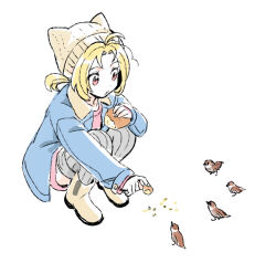 1girl ahoge animal_ear_headwear animal_ears beanie bird bird_feeding blonde_hair blue_coat boots cat_ears coat dede_(qwea_00000) dissidia_duellum_final_fantasy dissidia_final_fantasy dress final_fantasy final_fantasy_v full_body grey_thighhighs hat holding_bread krile_mayer_baldesion_(ff5) low_twintails official_alternate_costume parted_bangs pink_dress pink_eyes ribbed_thighhighs squatting thigh-highs twintails white_background white_boots zettai_ryouiki 