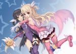  2girls absurdres elbow_gloves fate/kaleid_liner_prisma_illya fate_(series) feathers gloves gyakushuu_no_hoshiumi hair_feathers highres hug illyasviel_von_einzbern kaleidostick long_hair magical_girl miyu_edelfelt multiple_girls prisma_illya red_eyes thighhighs two_side_up wand white_hair yellow_eyes 