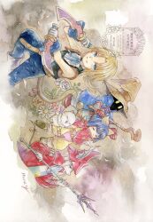  2boys 2girls armor artist_name ascot bare_shoulders black_mage_(final_fantasy) blonde_hair blue_ascot blue_coat blue_eyes blue_hair blue_pants blue_ribbon blue_wrist_cuffs bodysuit boots bow brown_boots burmecian cat_tail closed_eyes coat creature cropped_vest dagger dual_wielding eiko_carol feet_out_of_frame final_fantasy final_fantasy_ix flute freya_crescent gloves green_vest grey_boots grey_gloves grey_hair hair_bow harukayuumi_sub hat helmet holding holding_dagger holding_knife holding_polearm holding_staff holding_weapon horns instrument knife looking_at_viewer low_ponytail mini_wings mouse_girl multiple_boys multiple_girls music neck_ribbon overalls pants parted_lips pink_bodysuit playing_flute playing_instrument polearm ponytail red_coat red_gloves red_helmet red_sweater ribbon shirt short_hair shoulder_armor single_horn sleeveless sleeveless_shirt smile staff striped_clothes striped_pants sweater tabard tail tail_raised vest vivi_ornitier weapon white_shirt winged_helmet wings wizard_hat wrist_cuffs yellow_bow yellow_eyes yellow_overalls zidane_tribal 