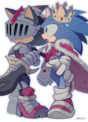 2boys :o animal_nose armored_boots arondight_(sonic) artist_name black_fur blue_fur boots cape crown feng_ft full_body fur-trimmed_cape fur_trim furry furry_male gauntlets gloves green_eyes hashtag-only_commentary hedgehog_boy helmet highres holding holding_sword holding_weapon looking_at_another male_focus multiple_boys open_mouth red_cape red_fur red_shoes shadow_the_hedgehog shoes short_tail simple_background single_gauntlet sir_lancelot_(sonic) sonic_(series) sonic_and_the_black_knight sonic_the_hedgehog standing sword tail twitter_username two-tone_fur visor_(armor) weapon white_background white_gloves