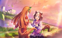  2girls ahoge animal_ears aqua_eyes artist_request blue_sailor_collar blue_shirt blue_skirt blunt_bangs blunt_ends bow bowtie braid brooch brown_hair city clouds collarbone dot_nose ear_bow ear_covers eye_contact face-to-face feet_out_of_frame floating_clothes floating_hair frilled_skirt frills from_behind game_cg green_ribbon hair_between_eyes hair_ornament hair_ribbon hairband half_up_braid hand_on_own_chest happy high-waist_skirt highres horse_ears horse_girl horse_tail horseshoe_ornament jacket jewelry leaf light_blush light_particles light_rays long_hair long_sleeves looking_at_another medium_hair miniskirt multicolored_hair multiple_girls nervous official_art open_mouth orange_hair orange_sky outdoors pants parted_lips path pleated_skirt puffy_long_sleeves puffy_sleeves purple_bow red_jacket red_pants ribbon river sailor_collar school_uniform shade shirt sidelocks silence_suzuka_(umamusume) single_stripe skirt sky smile special_week_(umamusume) sphere_hair_ornament sportswear streaked_hair striped_ribbon sunset sweatdrop sweatpants tail tareme tracen_school_uniform tracen_training_uniform track_jacket tree turtleneck turtleneck_jacket umamusume very_long_hair violet_eyes white_bow white_bowtie white_hairband wind 