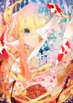  1girl bandages blonde_hair bubble bust colorful eyelashes fish gradient_hair hands_on_own_chest highres kazuka koi leaf long_hair looking_at_viewer multicolored_eyes multicolored_hair one_eye_covered orange_hair original photoshop pink_hair smile solo 